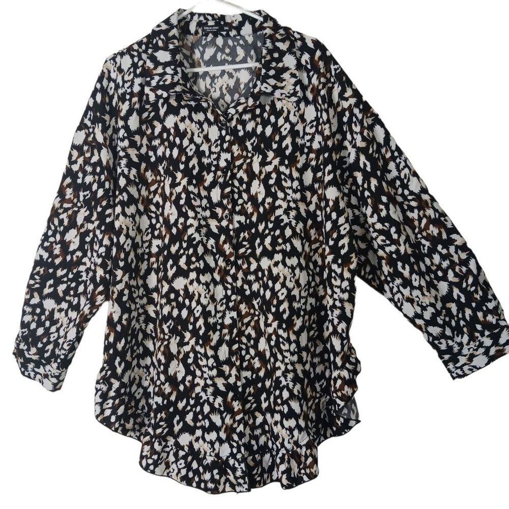 Shein Curve Abstract Ruffle Hem Shirt Button Front Womens 3XL Black Artsy Boho